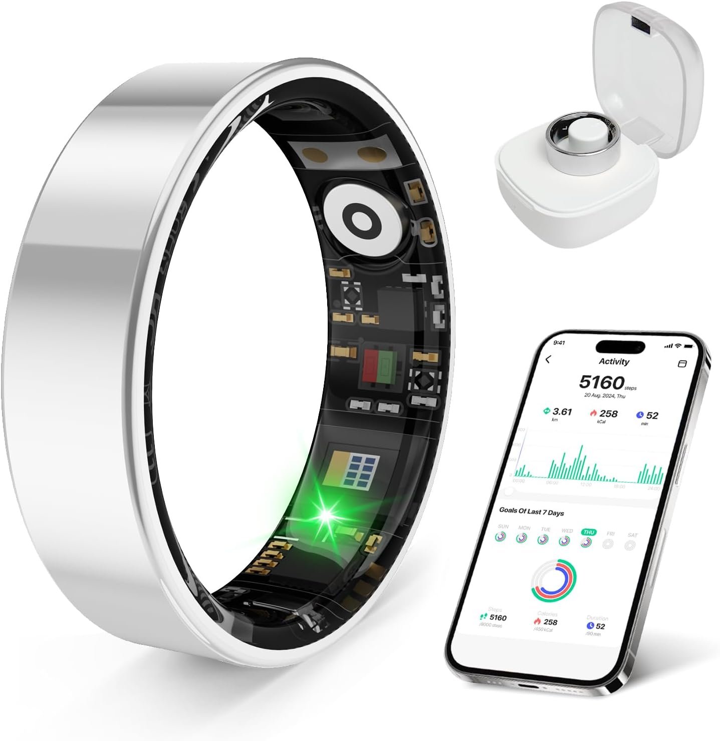 Smart Health Ring Fitness Tracker with Stress & Sleep Monitoring, Waterproof Activity Tracker, Compatible with iOS & Android, No Subscription Fee, Lightweight Wearable for Women & Men (Silver, 7)