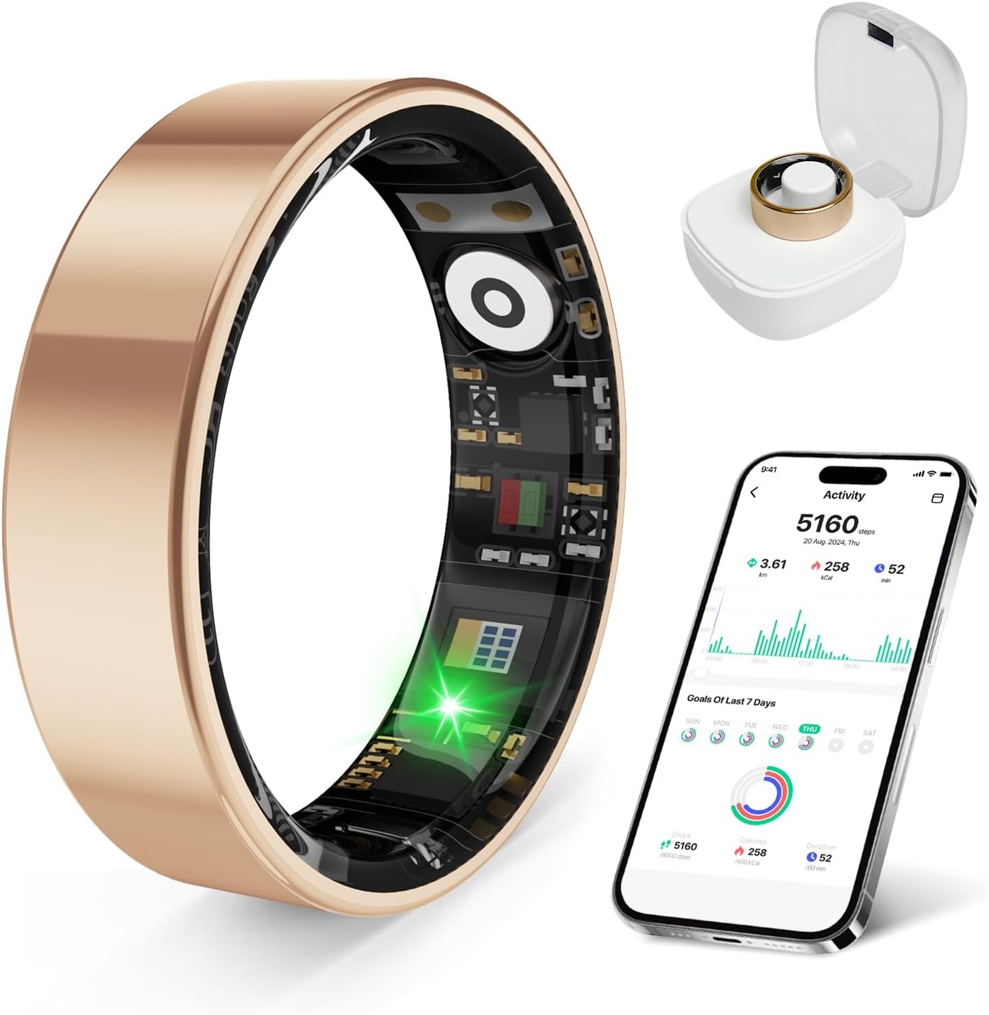 Smart Health Ring Fitness Tracker with Stress & Sleep Monitoring, Waterproof Activity Tracker, Compatible with iOS & Android, No Subscription Fee, Lightweight Wearable for Women & Men (Rose Gold, 11)