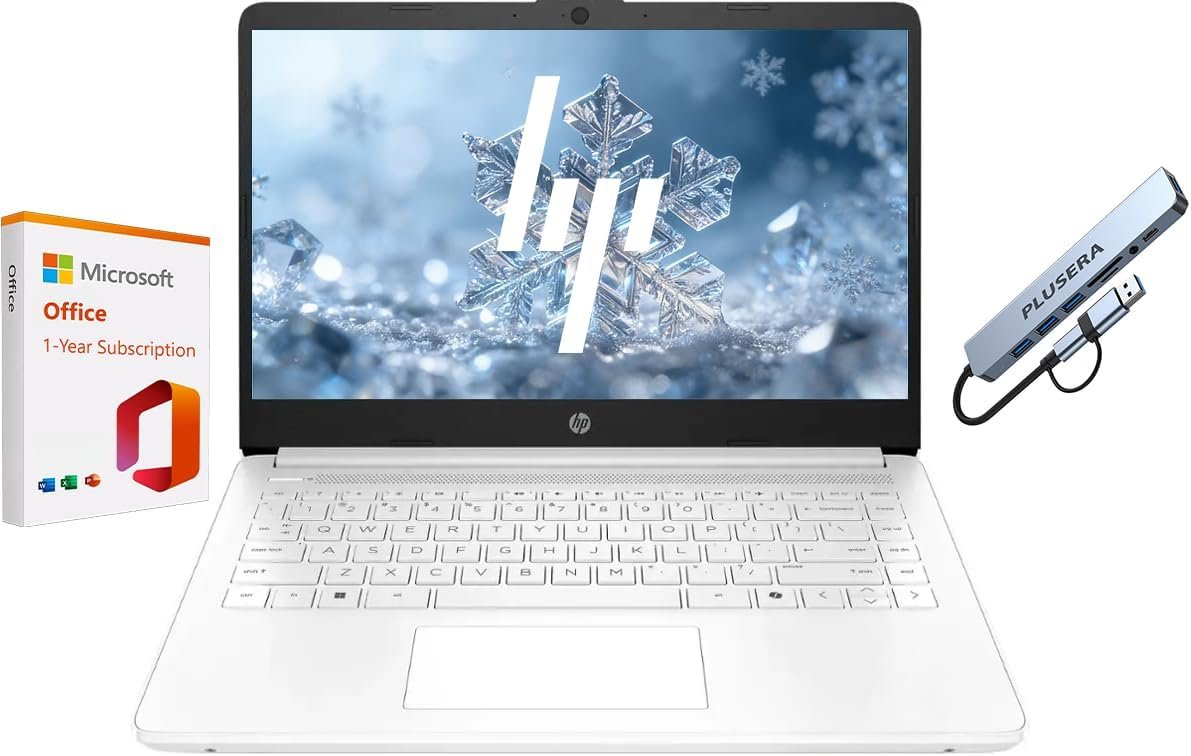 HP 14″ Business Laptop Computer with 1-Year Office 365 with Copilot AI, 16GB RAM 576GB Storage (64GB eMMC+512GB SD Card), Dual-Core Intel, Windows 11,White