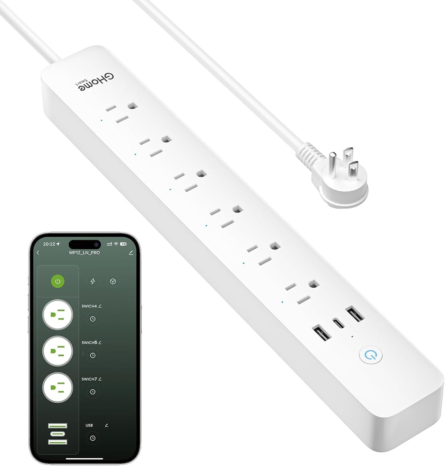 GHome Smart Power Strip with Energy Monitoring, 6 WiFi Outlets & 30W USB-C Fast Charging, Works with Alexa & Google Home, Flat Plug Surge Protector, 2.4GHz WiFi Only, No Hub, 7.2ft Extension Cord