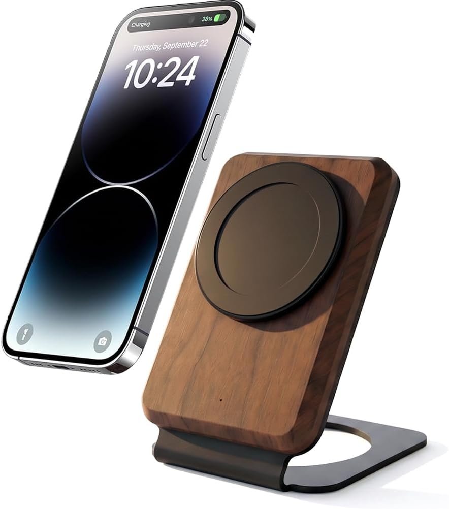 Walnut Wood Wireless Charger Stand, 15W Fast Charging Dock Compatible with MagSafe for iPhone 17/16/15/14/13/12 Series, Aesthetic Desk Setup Accessory & Tech Gift for Men (No Adapter)