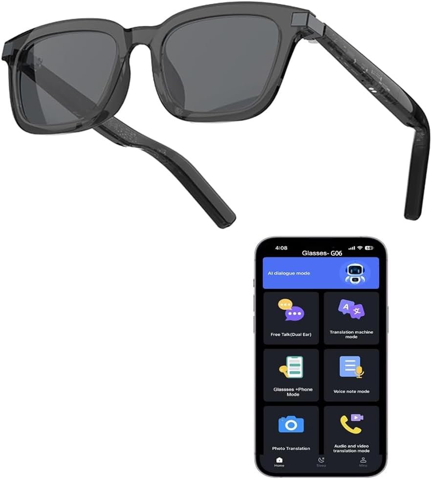 VR SHINECON Best Tech Gifts 2025 AI Translation Sun Glasses Smart Voice & Photo Translator, Dual Touch Control, Auto On/Off, 164 Languages, Bluetooth 5.3, Lightweight Eyewear for Travel & Men (Black)