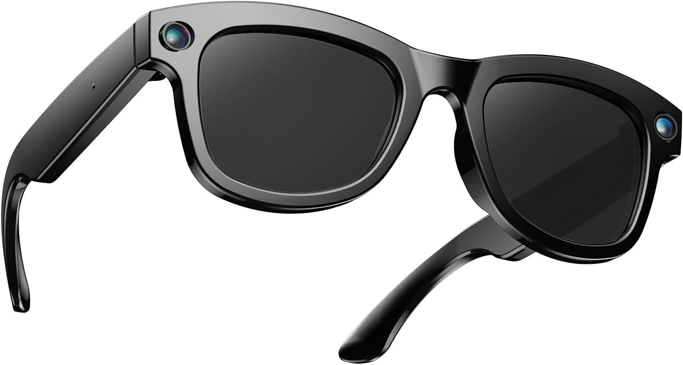 QxzPower AI Smart Camera Glasses, 8MP Camera Bluetooth 6.0 Video Glasses | Dual Mic ENC Noise Reduction, Blue Light Filtering Lenses, Recording Glasses with Men and Women, M01Pro Black