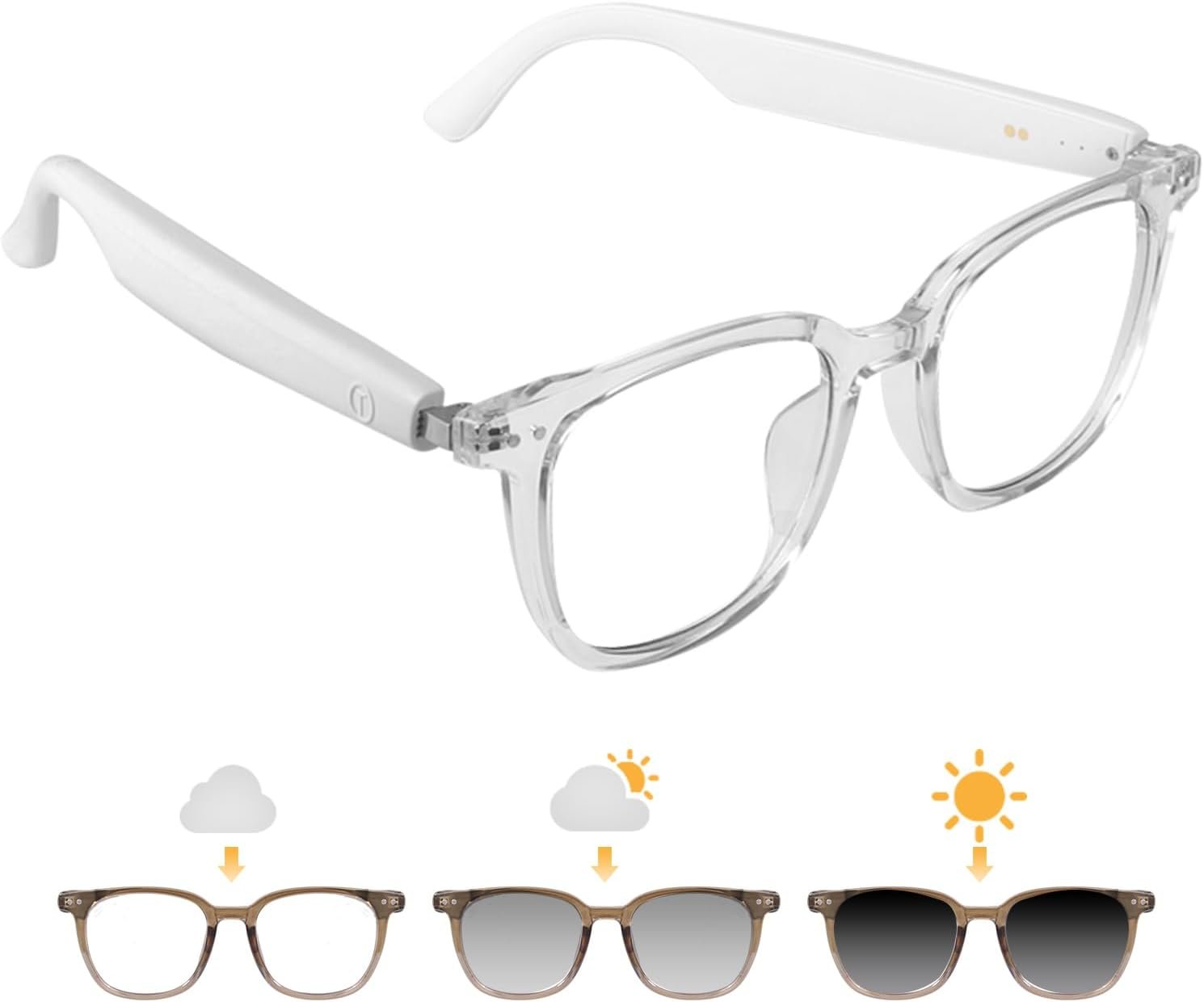 Smart Glasses for Women, Bluetooth Glasses with Transparent Frame | Photochromic Lenses Touch Control Voice Assistant Open-Ear Audio Hands-Free Calls Lightweight Comfortable for Work Relax
