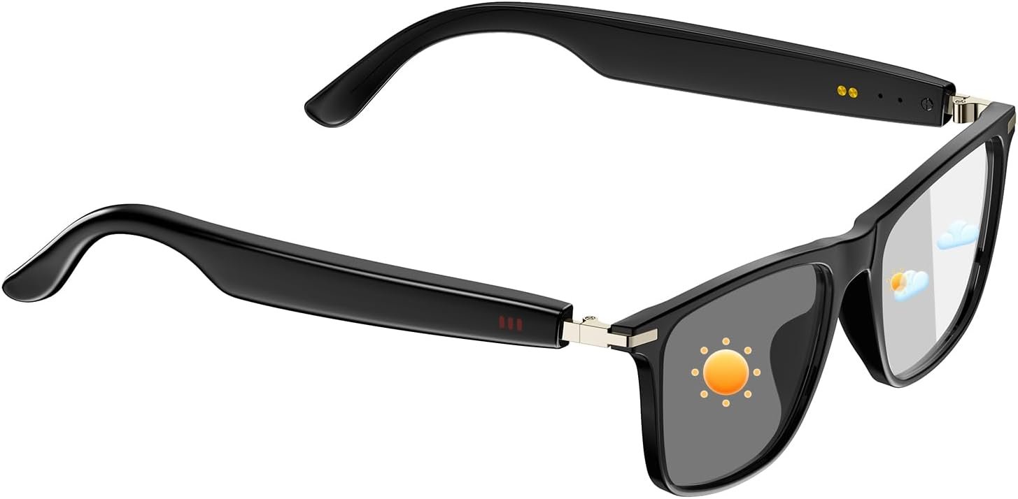 Bluetooth Audio Smart Glasses for Women & Men, Bluetooth Glasses with Color-Change Lens, Open Ear Speakers, IPX5 Waterproof, Smart Audio Glasses for iPhone Android Music/Calls (Black)