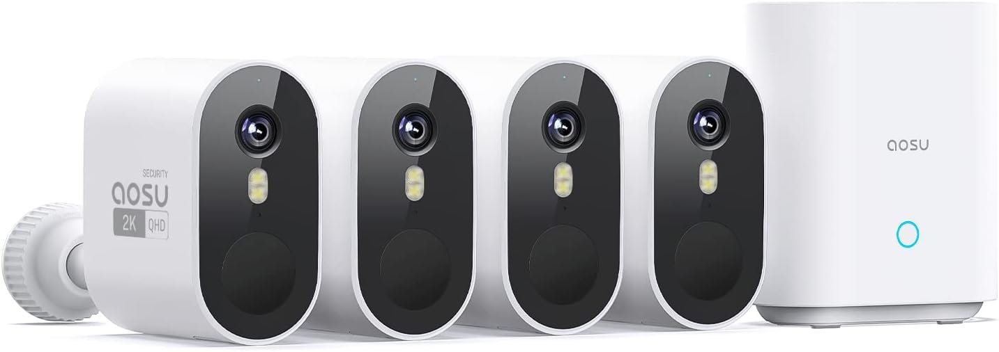 aosu 2K QHD Battery Security Cameras Wireless Outdoor System, 4-Cam-Kit | True 2K HD Night Vision, 166° Ultra-Wide-Angle, Cross-Camera Tracking, Spotlight & Siren Alarm, No Subscription Required