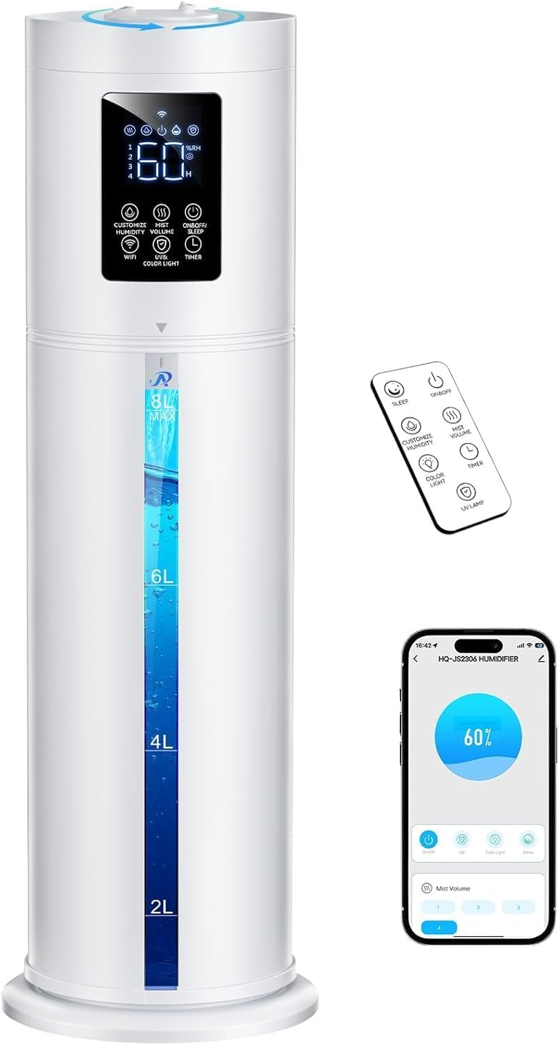 2.1Gal/8L Smart Humidifier Large Room, Top Fill Humidifiers for Bedroom with Diffuser, 7 Color Lights,16H Timer, Auto Mode, APP Remote Control, 4 Levels Cool Mist Air Humidifier for Plants Home