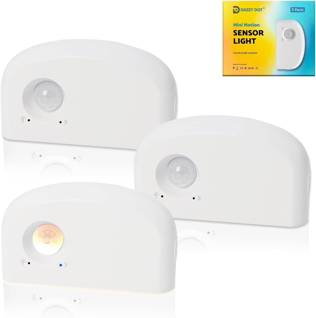 DAZZY DOT Motion Sensor Night Light, 3 Pack Rechargeable LED Stair Lights | Ultra-thin design; 10hr runtime; 30s auto-off; stepless dimming; strong magnet; renter-friendly accessories