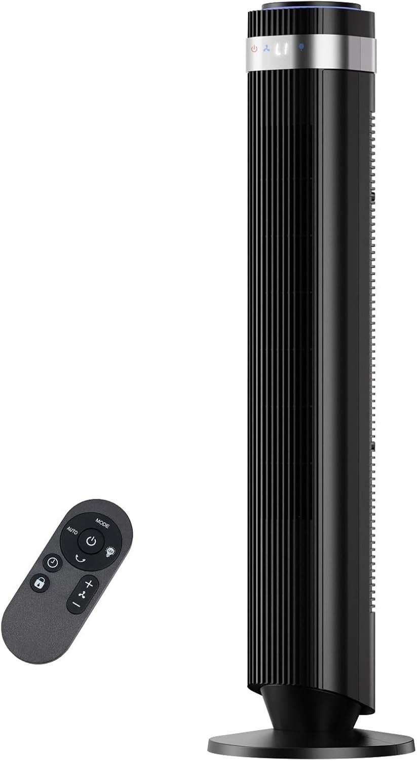 Tower Fan, Oscillating Standing Fans with Remote for Bedroom Home Office, 5 Speeds & 4 Modes, 12H Timer，LED Display, 22.3ft/s High Velocity, Modern Black