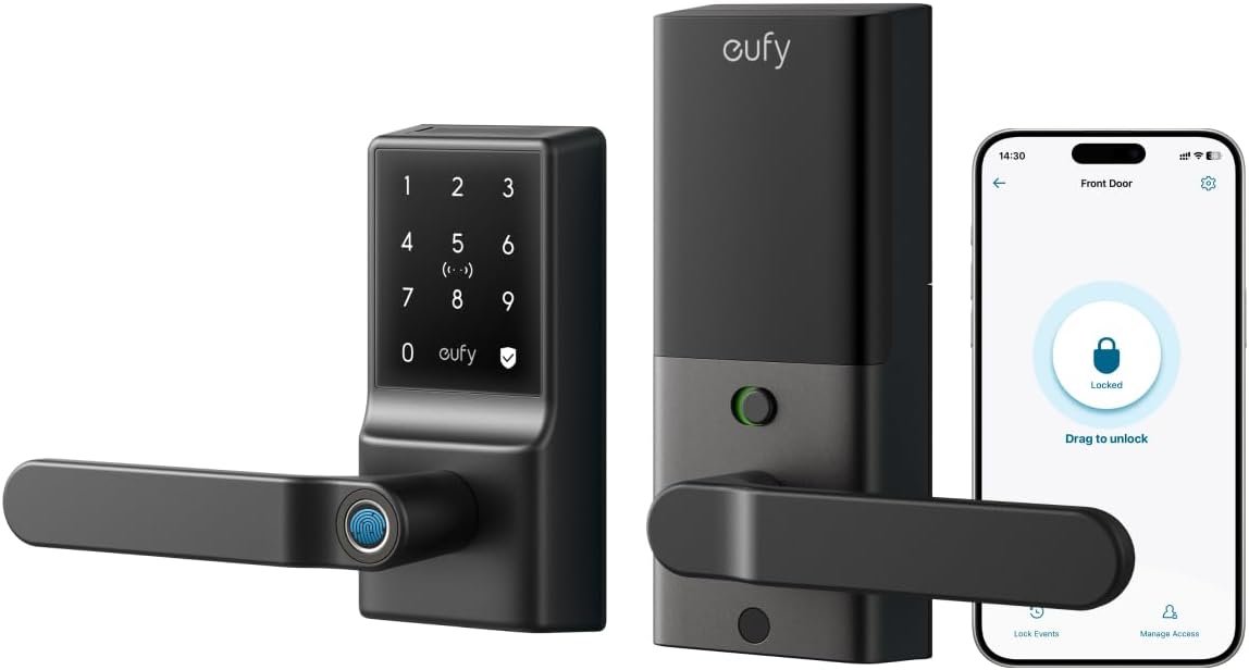 eufy Security Smart Lock C33, Keypad Door Lock with Handle, Built-in Wi-Fi | Fingerprint Door Knob, App Control, Keyless Entry Door Lock for Front Door and Bedroom, Electronic Deadbolt, IP53, Black
