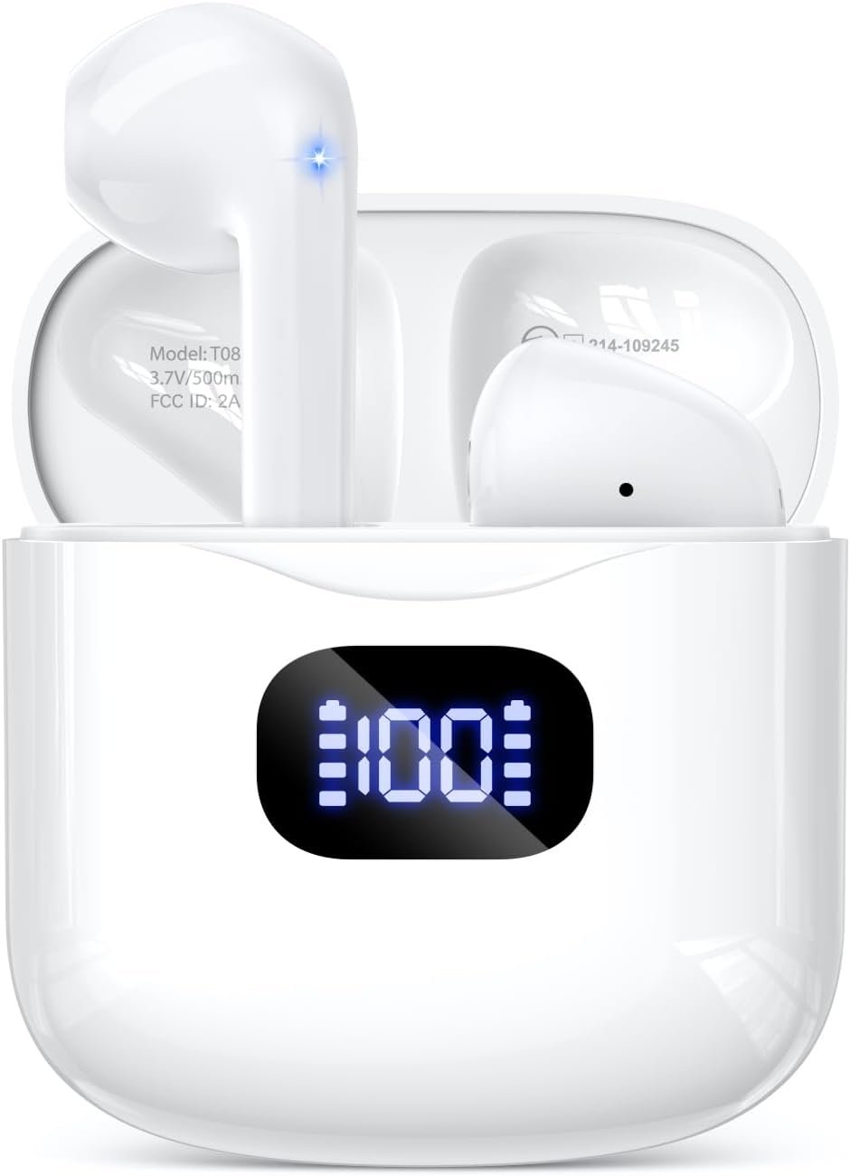 KTGEE Wireless Earbuds Bluetooth 5.3 Ear Buds Headphones, 40Hrs Playback | Stereo Sound, LED Display, IPX7 Waterproof, Compact In-ear Earphones with Mic for Phone Tablet Laptop Sport, White
