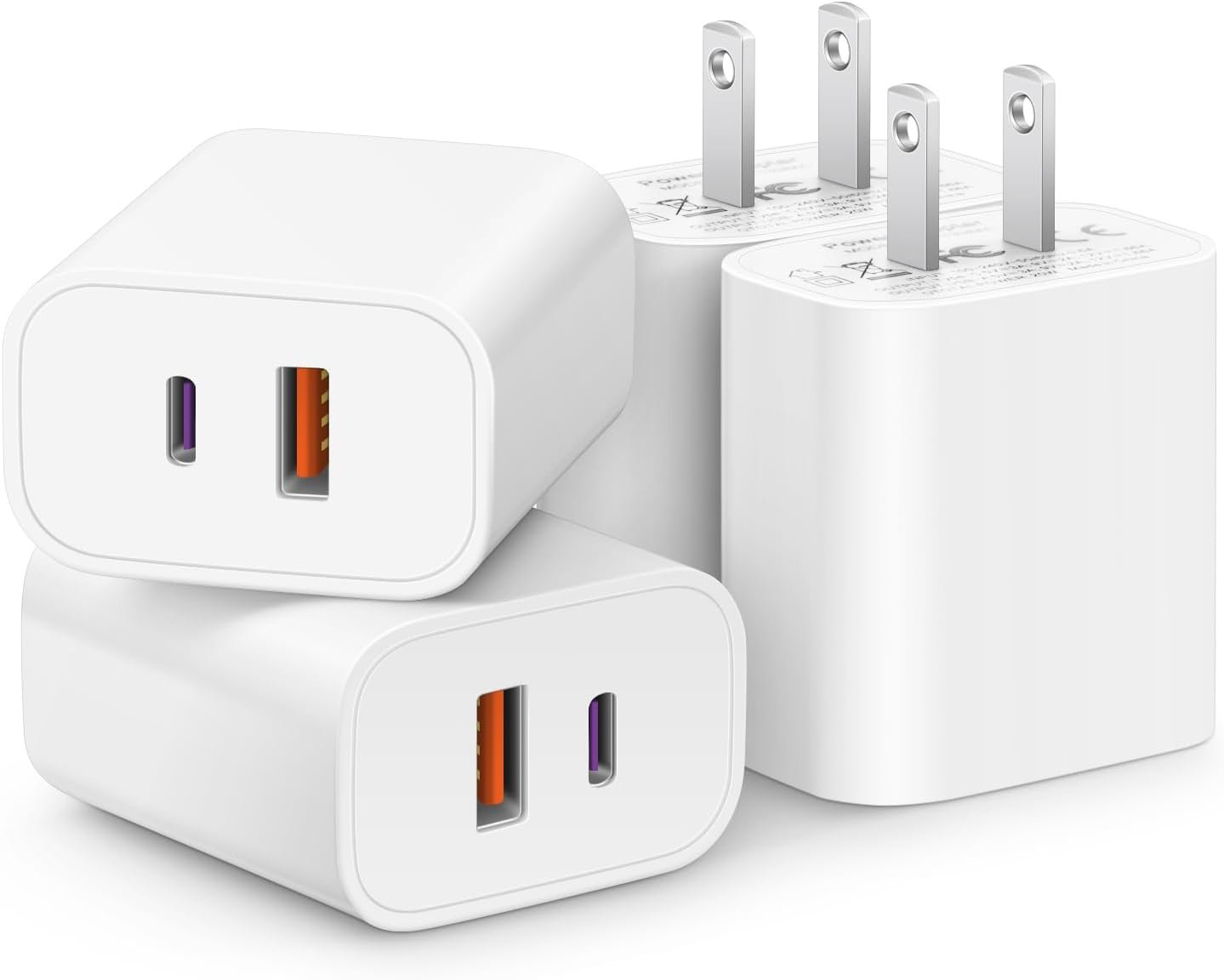 [4 Pack] 20W USB C Charger Block Fast Charging Multiport Adapter | PD 20W USB-C & QC 3.0 USB-A dual ports, compact travel charger for iPhone 17/16/15/14/13/12/11/X, iPad, Galaxy, Google & more