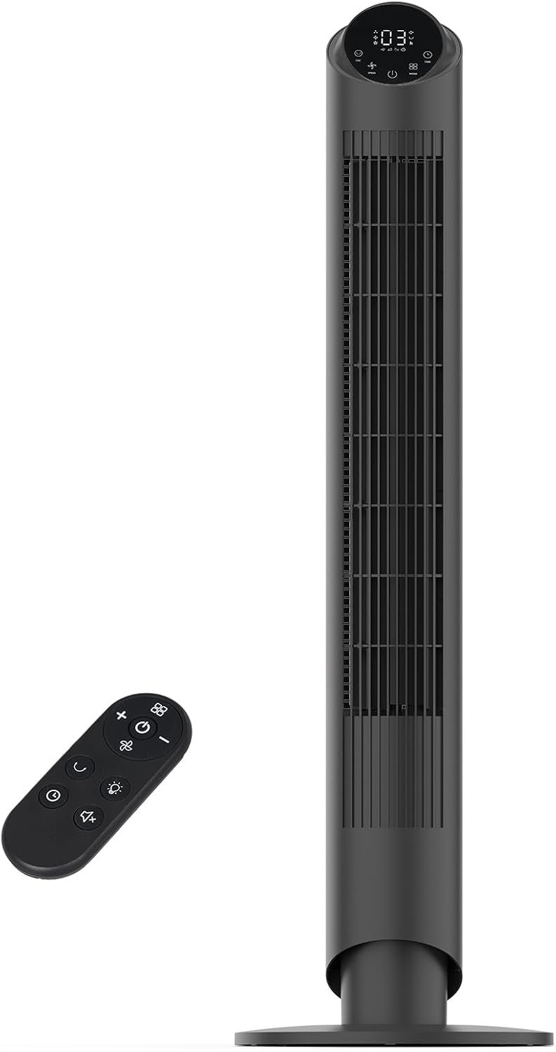 hykolity 40” Tower Fan for Bedroom, 90° Oscillating Standing Fan, 28dB Ultra Quiet, 26ft/s Velocity Bladeless Floor Fan with 3 Speeds & 4 Modes, 12H Timer for Living Room, Home, Office, Black