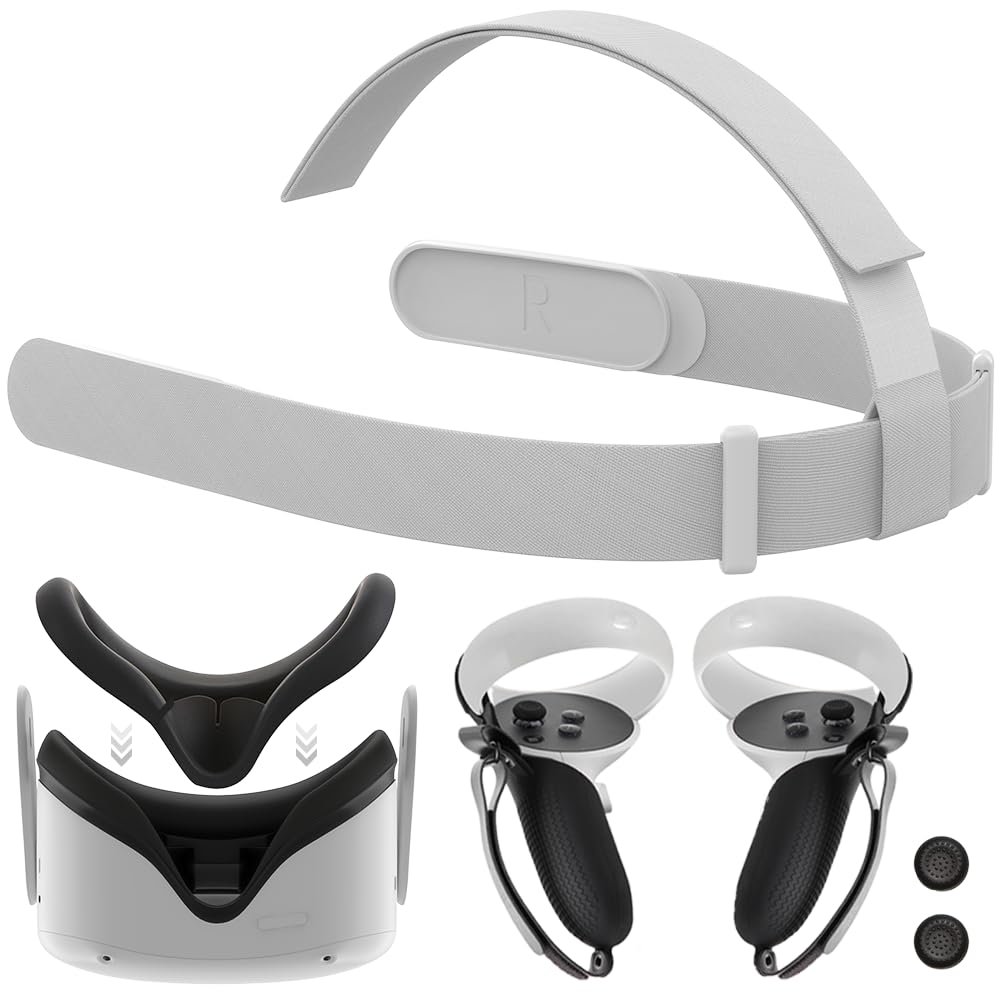 ZVTE Head Strap for Meta Quest 2, All-in-One VR Accessories Kit with Replacement Strap, Controller Grips, Silicone Face Pad Cover, Thumb Caps for Oculus Quest 2