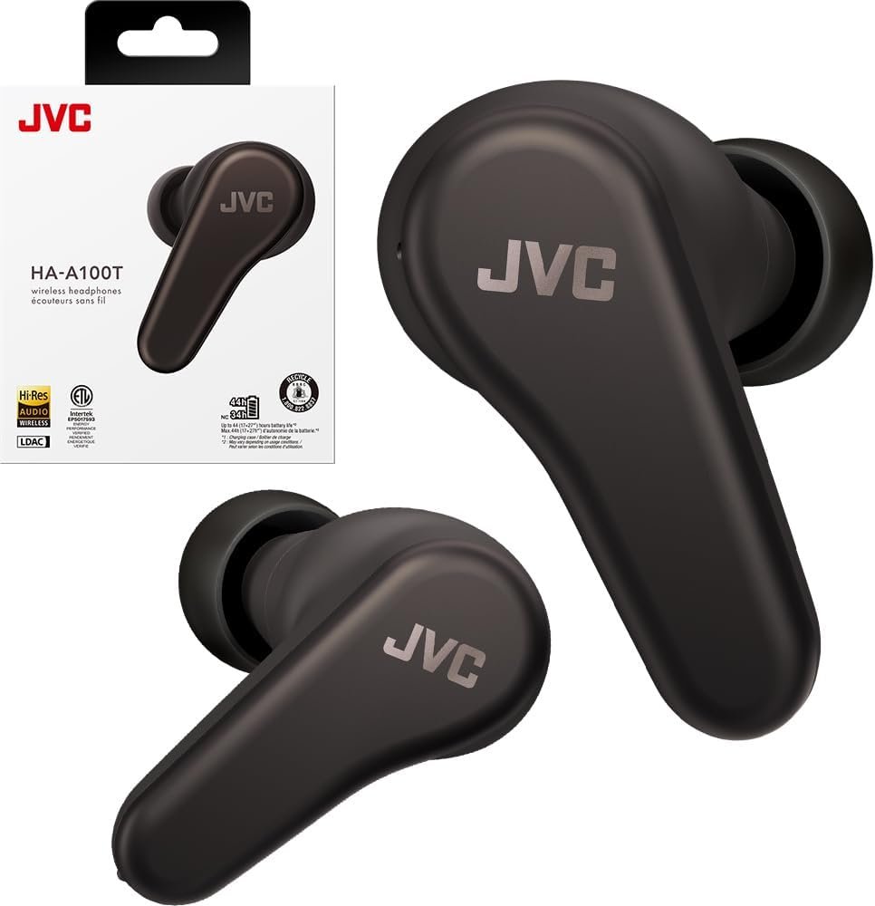 JVC True Wireless Earbuds, Hybrid Noise Cancelling, 10mm Driver, LDAC Audio, Spiral Dot Pro Earpieces, 44 Hours Battery Life, Wireless Charging, and Multipoint Connection – HAA100TB (Charcoal Black)