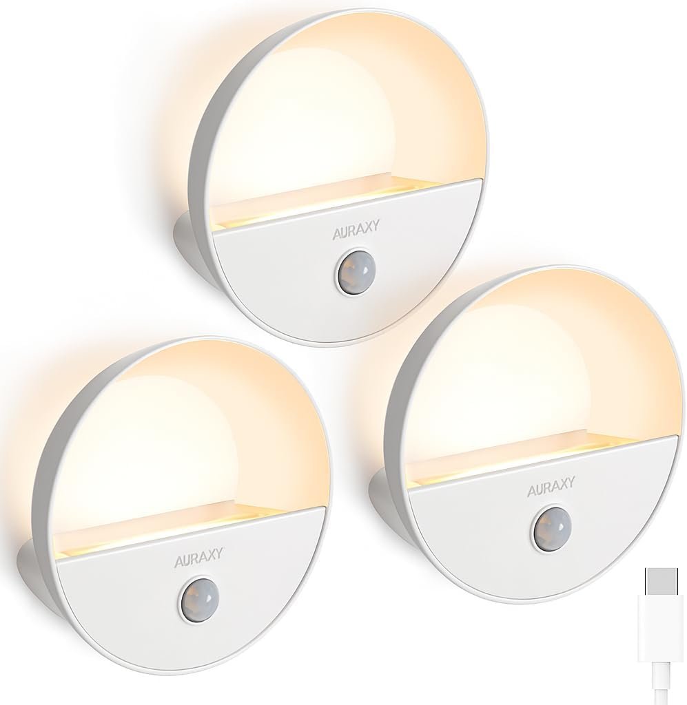 AURAXY Rechargeable Battery Night Light, Motion Sensor Night Light, LED Warm White Magnetic Stick-on Motion Sensored Hallway Light, with Dusk to Dawn Sensor for Stairs, Wall, Closet, Cabinet (3 Pack)