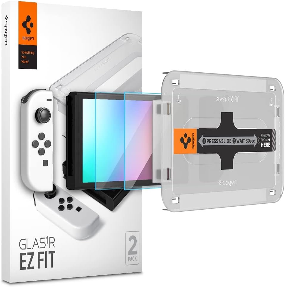 Spigen GlasTR EZ FIT Screen Protector for Nintendo Switch OLED [2 Pack] | 9H+ Tempered Glass, Auto align tray, 100% clarity, Original touch, Scratch Resistant, 7″ , Original Touch, Dock-friendly