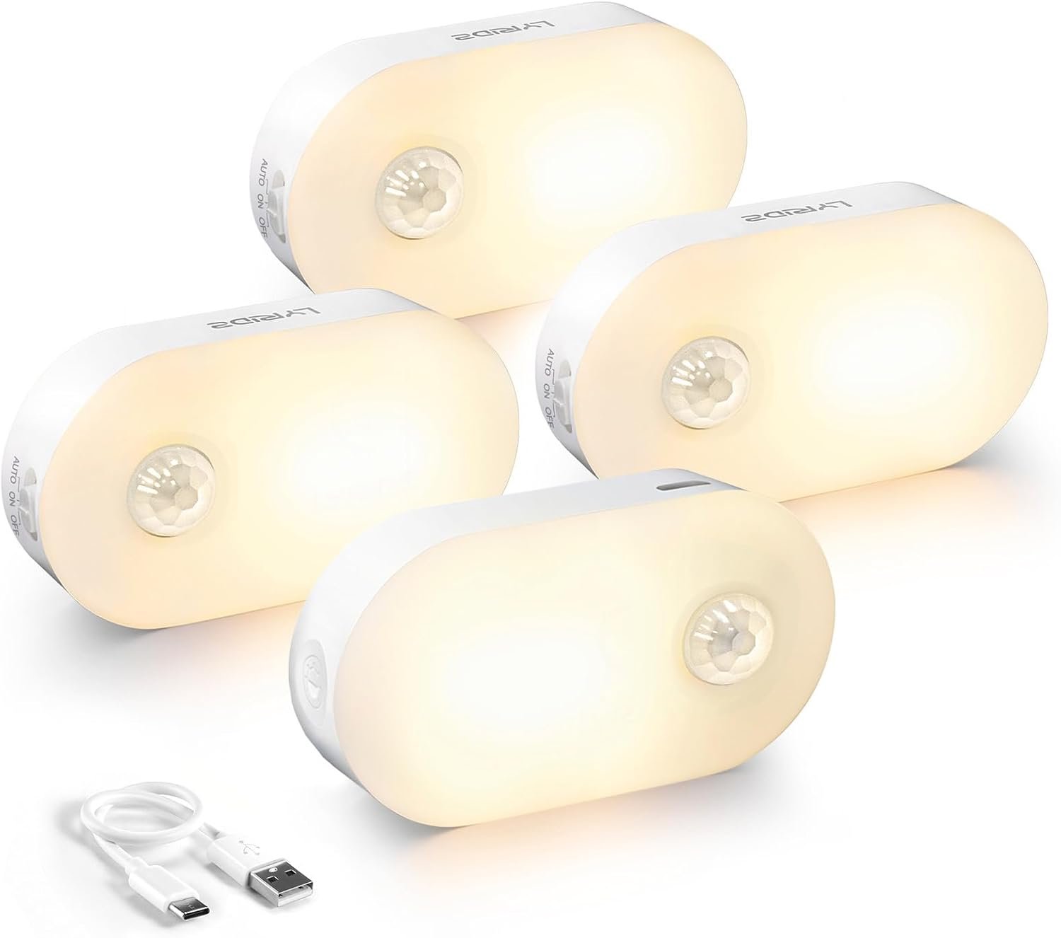 Lyridz Rechargeable Battery Night Light with Motion Sensor, Stick on Anywhere, 1-20LM Dimmable LED Nightlights for the Bedroom, Bathroom, Living Room, Kitchen, Stairs, Hallway, 4-Pack