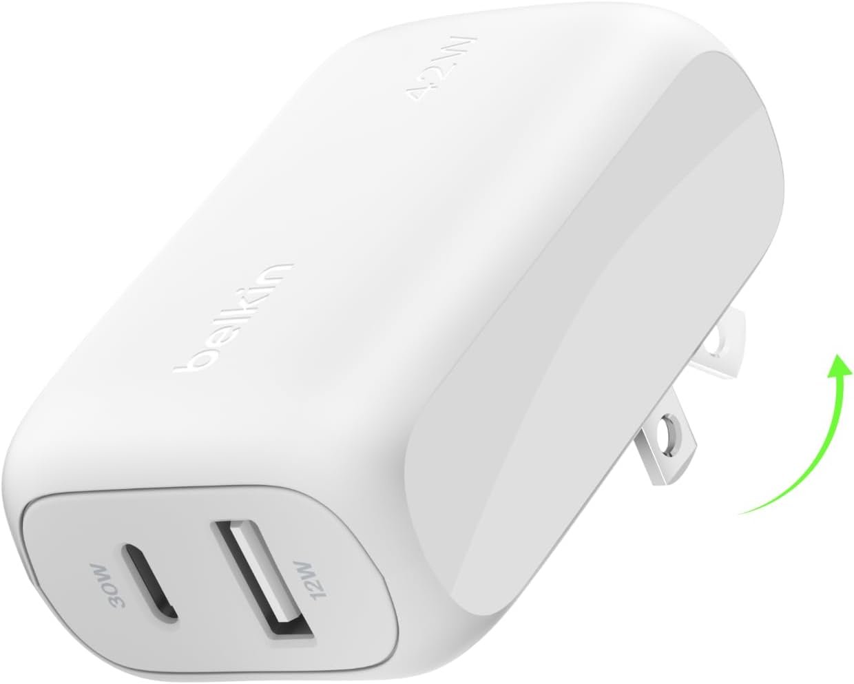 Belkin 42W Dual Port Charger Block, USB-C + USB-A Charger Super Fast Charging – Samsung Galaxy S25, Apple iPhone 17, Air, Pro, Pro Max, iPad, AirPods, Apple Watch, Nintendo Switch 2 & More – White