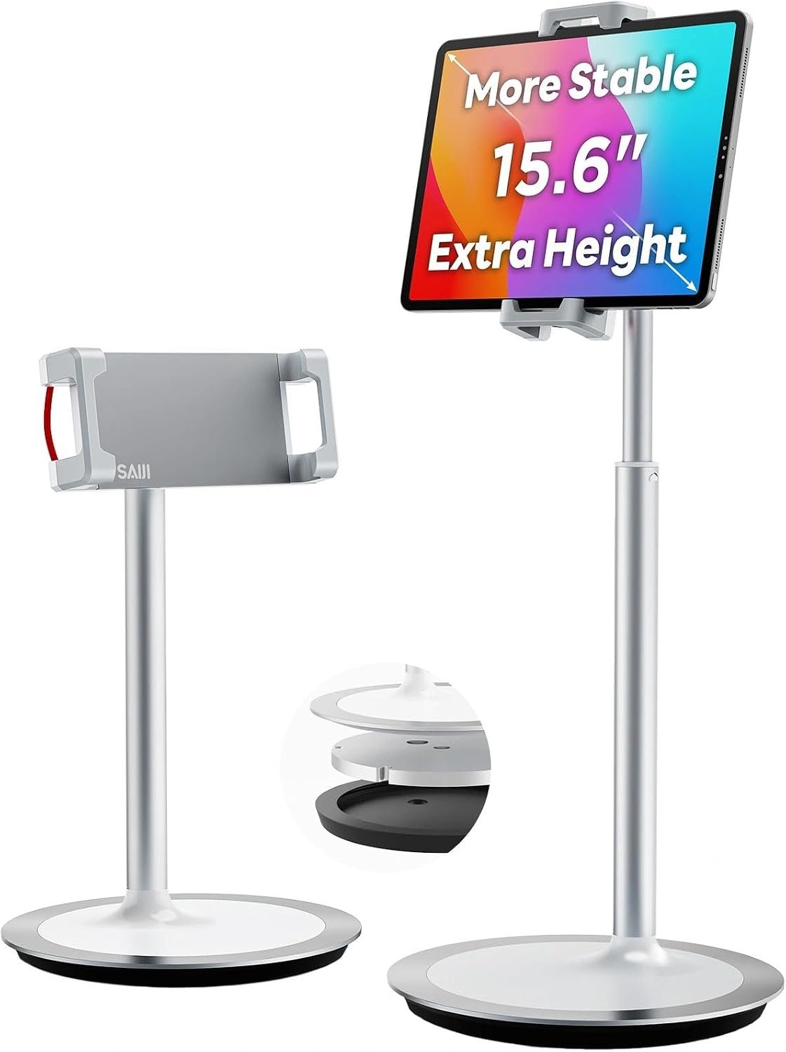 SAIJI iPad Stand for Desk – Height Adjustable Phone Holder (Silver) | for iPad Air/Pro iPhone & Portable Monitor, Aluminum Stand with a 360° Rotating Clamp, Extra Tall, Fits 4.7″–15.6″ Screens