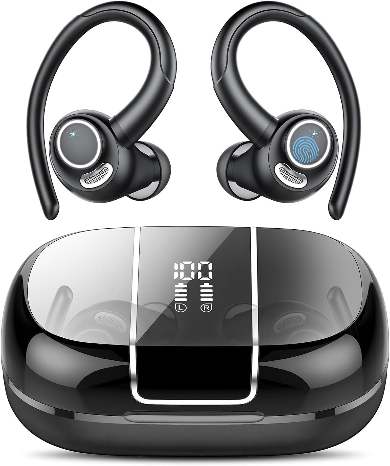 Wireless Earbuds Bluetooth 5.3 Headphones Sports, 48H Earphone with ENC Mic, Stereo Deep Bass Bluetooth Earbuds with Secure Earhooks, LED Display, IPX7 Waterproof Over Ear Buds for Running/Gym/Workout