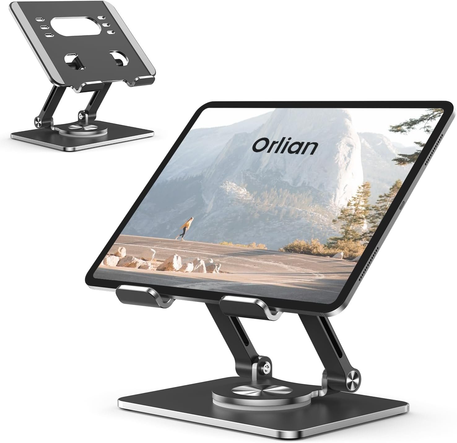 Orlian Tablet Stand Holder with Thickened 360°Rotating Base Dual Rod Adjustable Aluminum Stand for All 5.8-12.9” iPad Samsung Phone Tablet Kindle E-Reader and More, Black