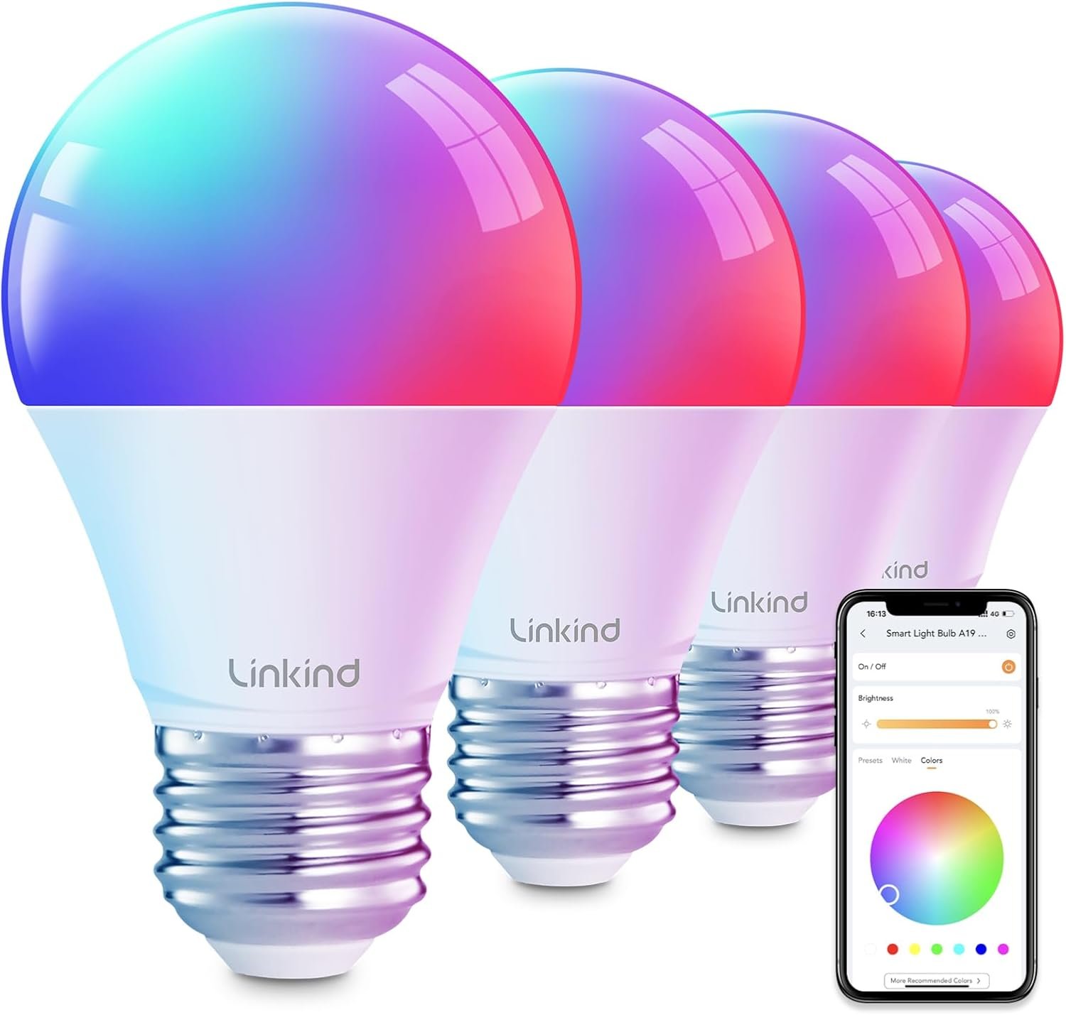 Linkind Smart Light Bulbs, Work with Alexa, Google Home, AiDot | Led Color Changing Light Bulb RGBTW, 2.4G WiFi+Bluetooth, 104 Preset Scene, Music Sync, DIY, Dotis, A19 E26, 60W 800LM, 4Pack