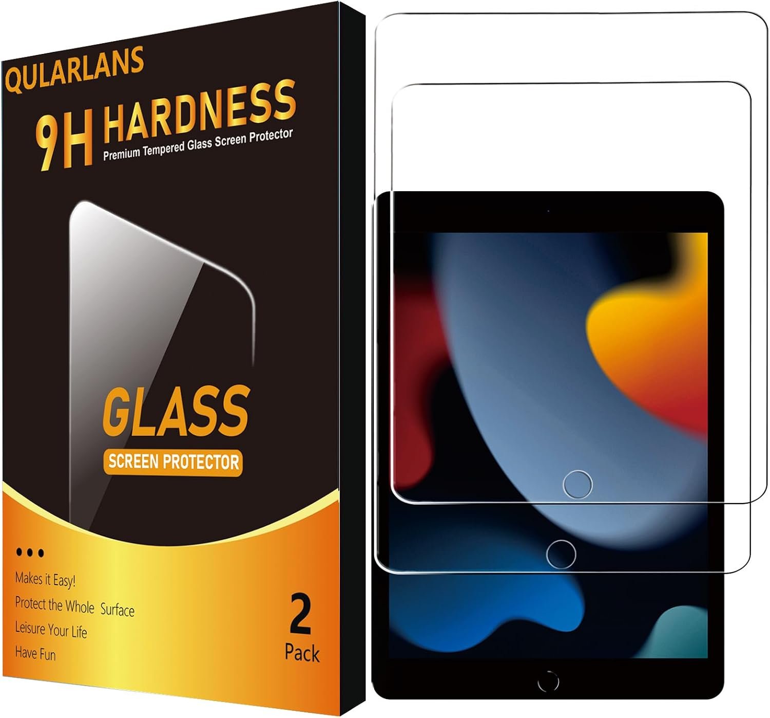 Qularlans Screen Protector for iPad 9th/8th/7th Generation (10.2 Inch, 2021/2020/2019 Model), 2-Pack Tempered Glass, 9H Hardness, Anti-Scratch, HD Clear, Apple Pencil & Case Friendly