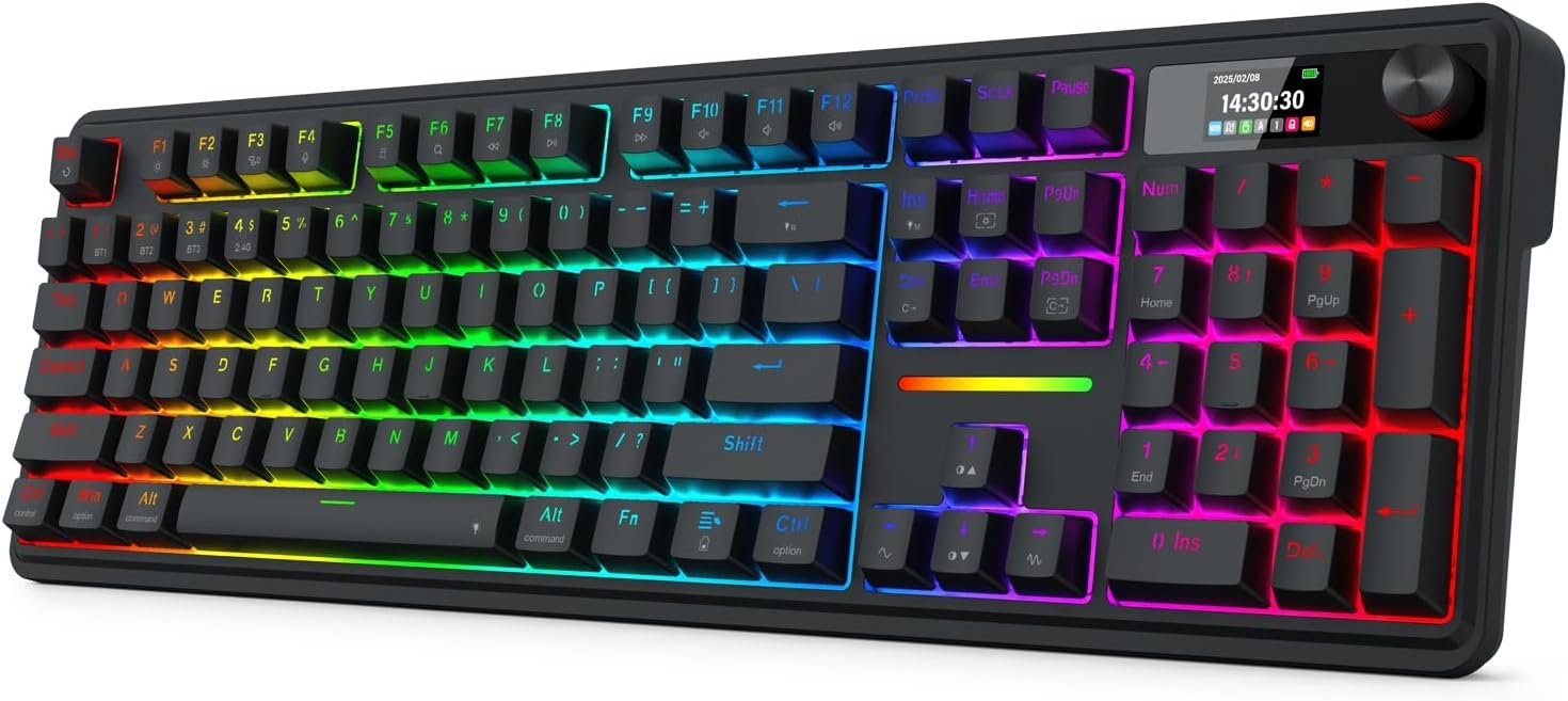 Redragon K762 PRO Wireless 104-Key Gasket Gaming Keyboard, Screen & Knob | Easy-Control LED Info Display, 0-Delay Tri-Mode, Cushioned 5-Layer Noise Dampening for Creamy Thocky Sound, Full-Size 104-Key