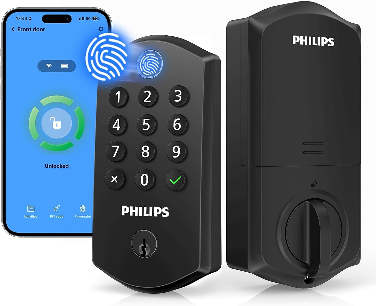 Philips Wi-Fi Smart Lock for Front Door, Fingerprint Keyless Entry Door Lock, Electronic Keypad Deadbolt, App Remote Control, Auto Lock, Compatible with Alexa and Google, Easy Installation