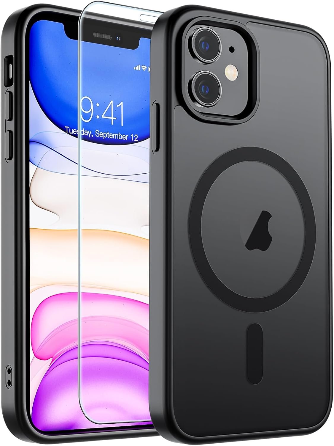 SUPFINE Magnetic for iPhone 11 Phone Case Black | With Screen Protector, Translucent Matte, Compatible with MagSafe, Military Grade Drop Proof, Rugged Shockproof Protective