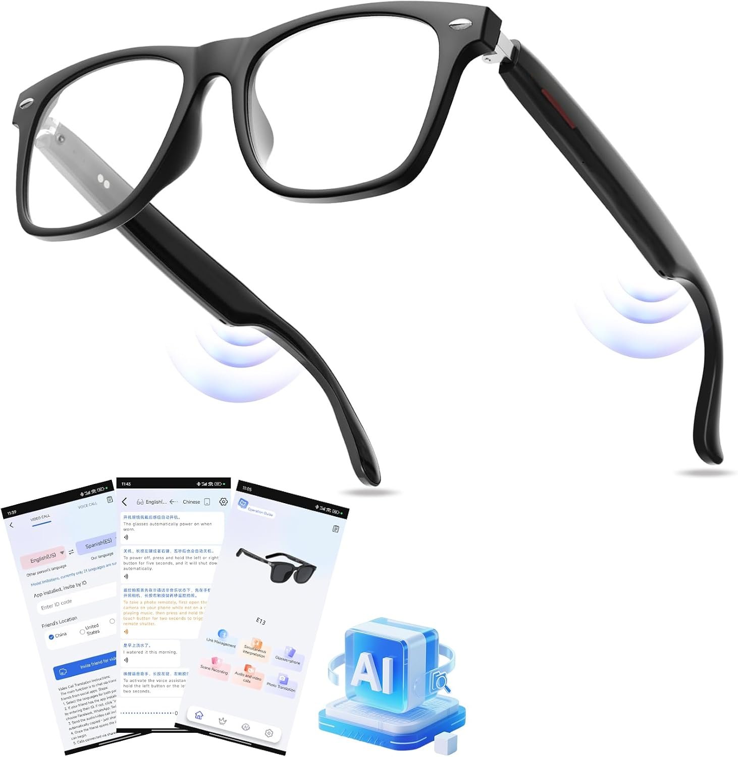 AI Smart Glasses for Men and Women with Real-Time Translation & Bluetooth Audio, 115 Languages Translator Glasses with Open-Ear Speakers, Hands-Free Calls, Blue Light Protection for iPhone Android