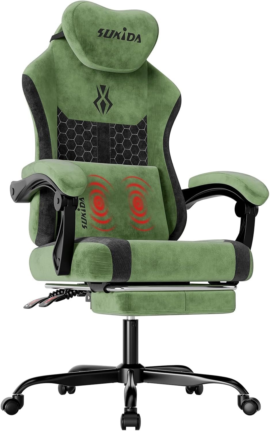 SUKIDA Fabric Video Gaming Chair, Ergonomic High-Back Computer Game Chairs with Large Massage Adjustable Lumbar Support, Headrest and Linked Armrests for Long Hours Sitting Task Chair, Green