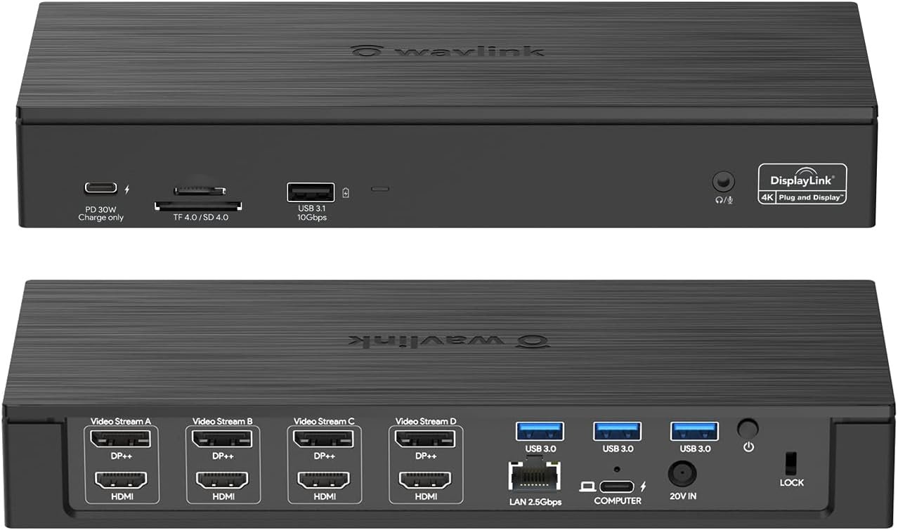 WAVLINK DisplayLink Laptop Docking Station – Quad Monitor 5K/4K@60Hz, 100W Charging – Thunderbolt 5/4, USB-C/A – M1-M5 Mac/MacBook Neo/Windows/Chrome- 4 HDMI, 4 DP, 180W Power, SD 4.0 CR, 2.5Gbps LAN