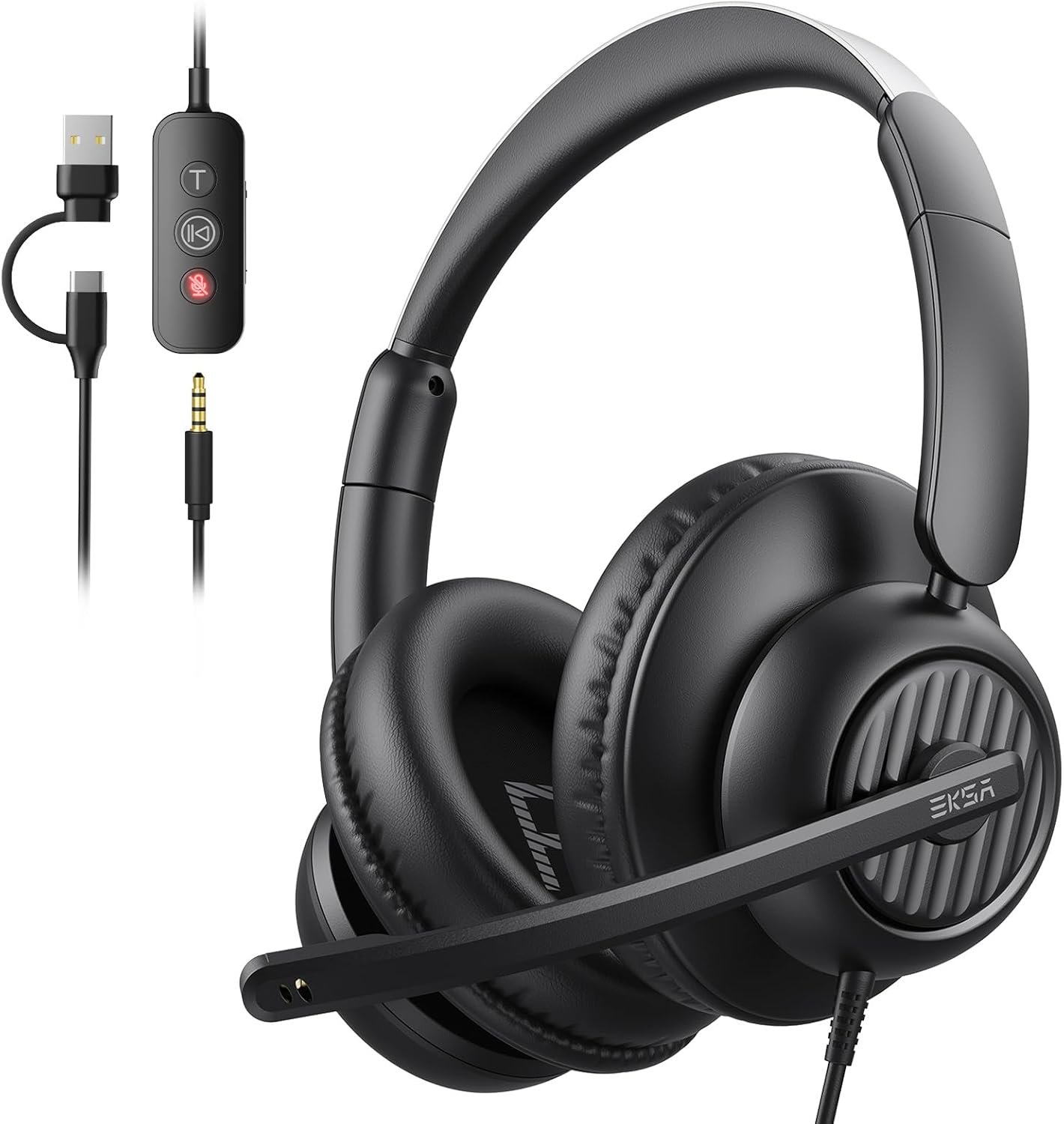 EKSA H8 USB Headset with Microphone for Work, Stereo Wired Computer Headphones with Mic Noise Cancelling, in Line Controls, 3.5mm Jack USB-C/A Over-Ear Headset for PC Laptop Office Call Center Teams