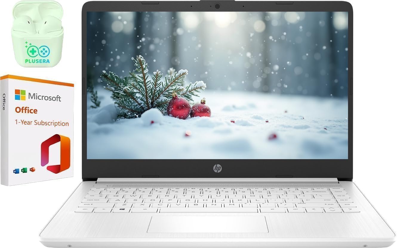 HP 14″ Business & Home Laptop, 1-Year Office 365 with Copilot AI, 16GB RAM 1.1TB Storage (1TB SSD+64GB SSD), Dual-Core Intel Processor, Win 11, PLUSERA Earphones, Snowflake White–Best Value