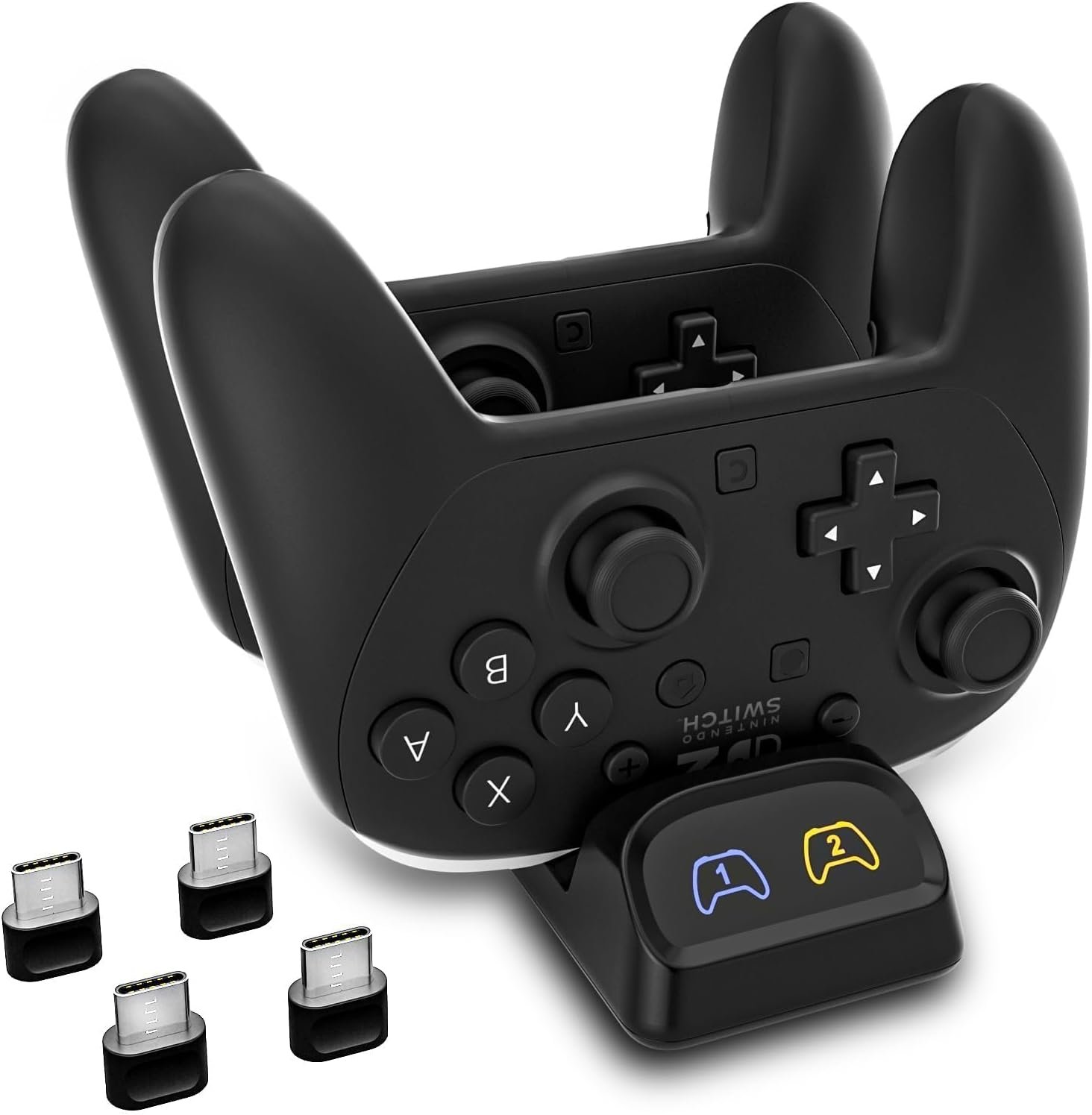 Switch 2 Pro Controller Charger Dock, Dual USB-C Charging Station for Switch Pro Controller, Compatible with PS5, Xbox Series X|S and Elite Series 2, LED Indicators, USB-C Adapters Included
