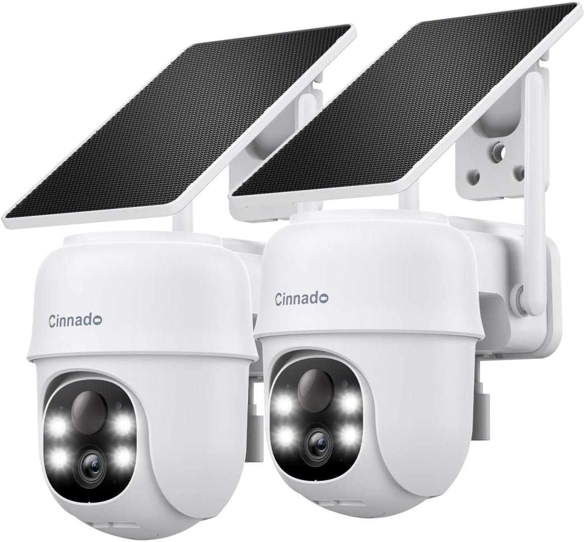Cinnado 2K Solar Wireless Outdoor Cameras for Home Security White B6 2Pack | 2.4Ghz Wi-Fi Security Camera with Auto Tracking for Farms/Garages, AI Detection, Spotlight Color Night Vision, Instant Alerts