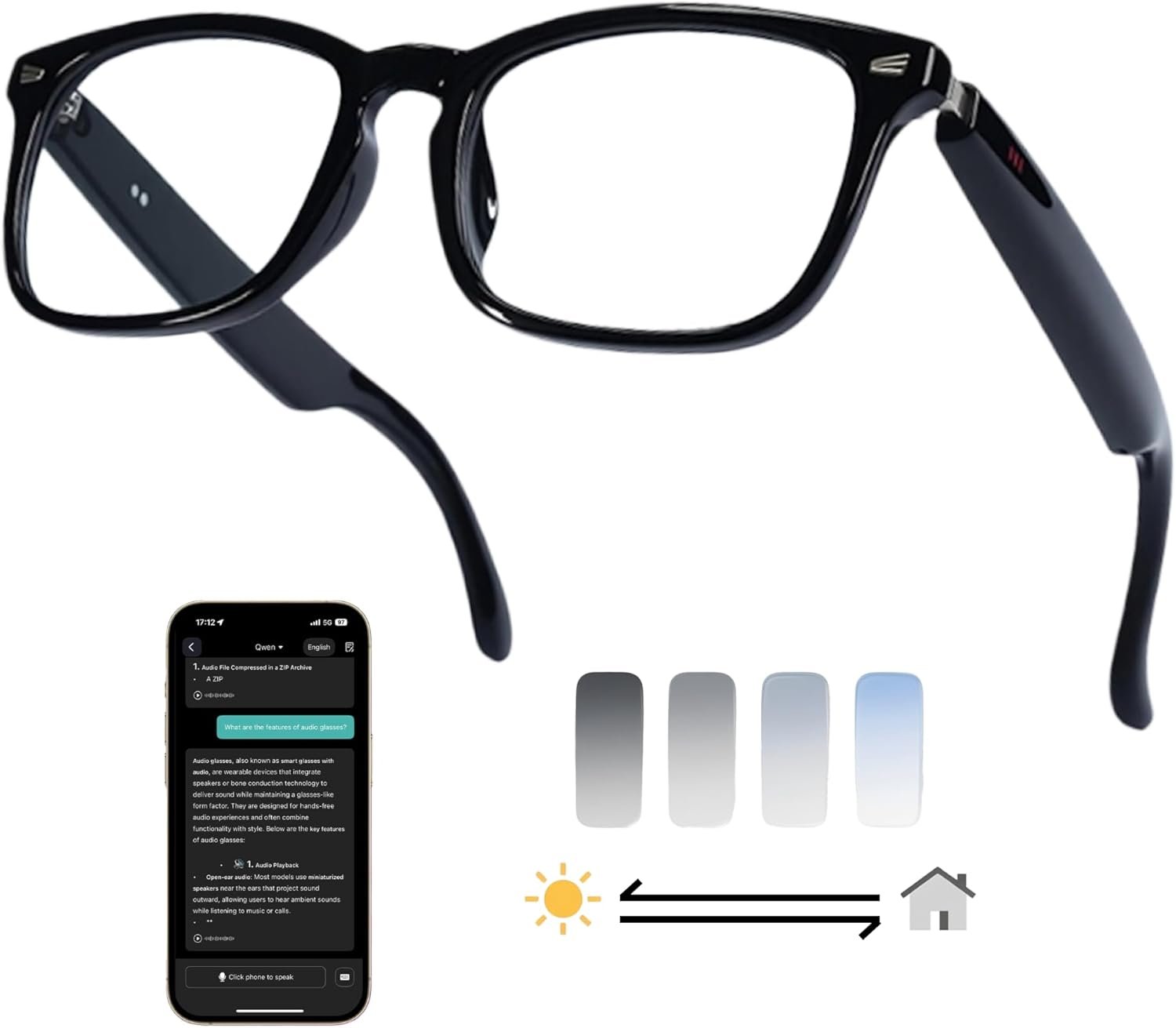 AI Smart Glasses, 164 Language Translation Glasses, Bluetooth Glasses with Speakers for Music and Calls, Photochromic Lenses, 170mAh Battery for Men Women, Travel, Work and Sports
