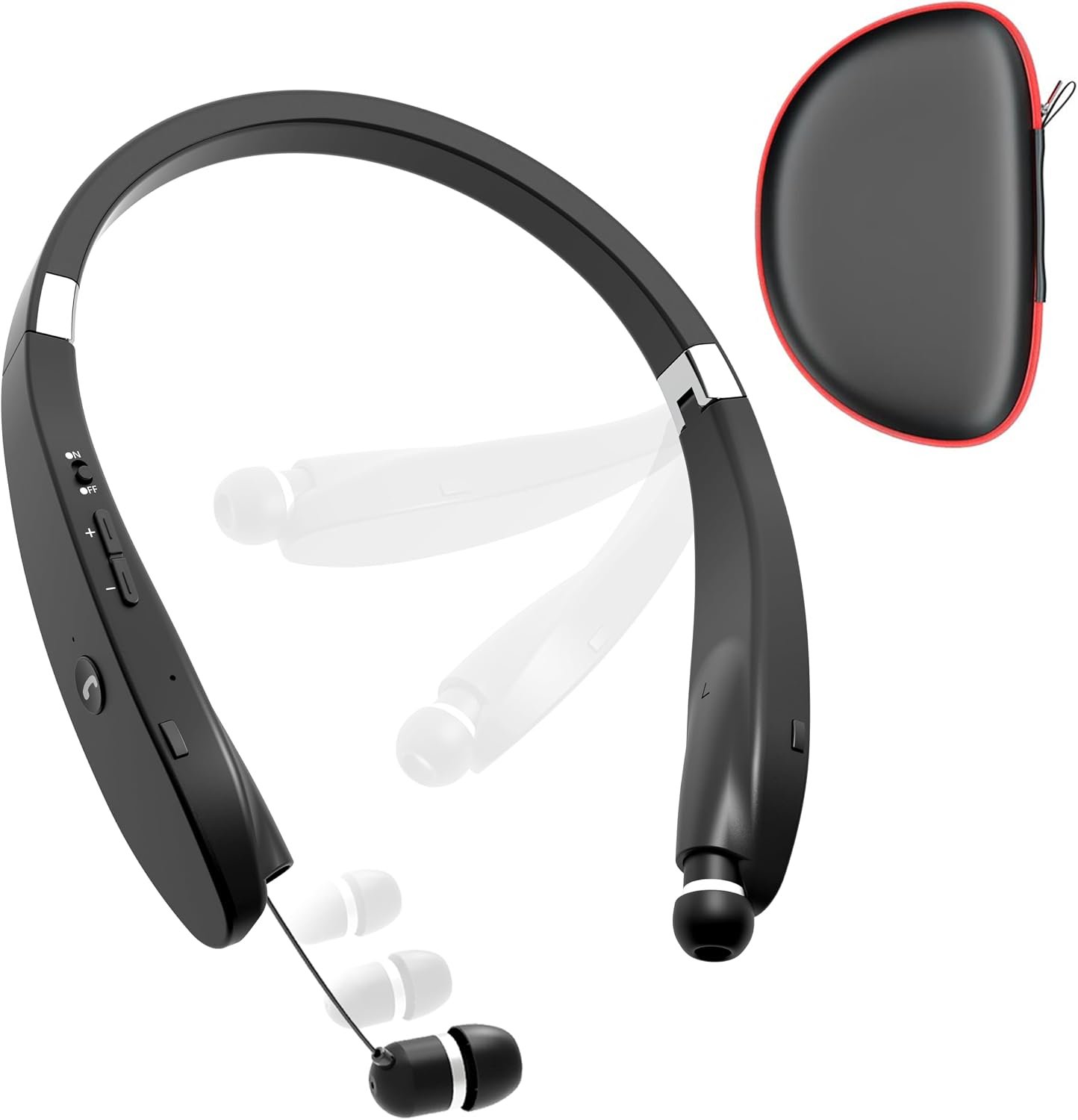 Bluetooth Neckband Headphones, Dpvisn Foldable Wireless Lightweight Neck Headset with Retractable Earbuds, Noise Cancelling Sweatproof Stereo Earphones with Mic & Carrying Case (Black)
