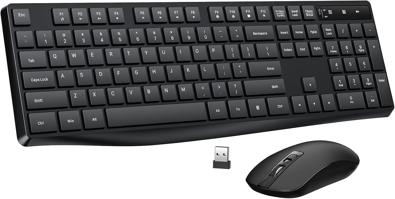 2.4G Wireless Keyboard Mouse Combo, Full-Sized for Computer- Black | Ergonomic, Low profile Keys, 3 DPI Adjustable, 2.4G Quiet Click Keyboaed Set for Laptop/Windows/Mac Lovaky
