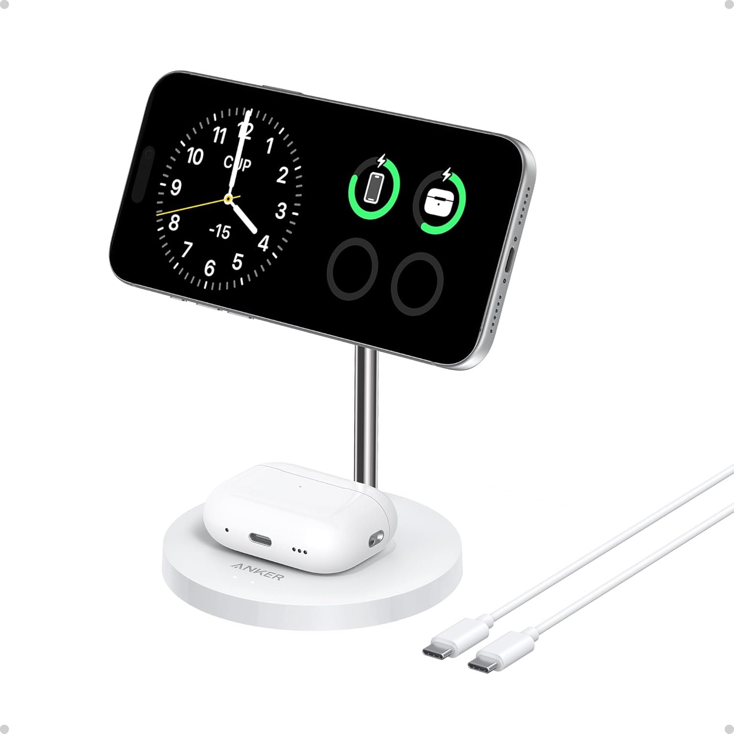 Anker MagGo 2-in-1 MagSafe Compatible Qi2 15W Wireless Charging Stand | Qi2 Certified, Fast Charging, Wireless Charger for iPhone 17, AirPods Pro, and More
