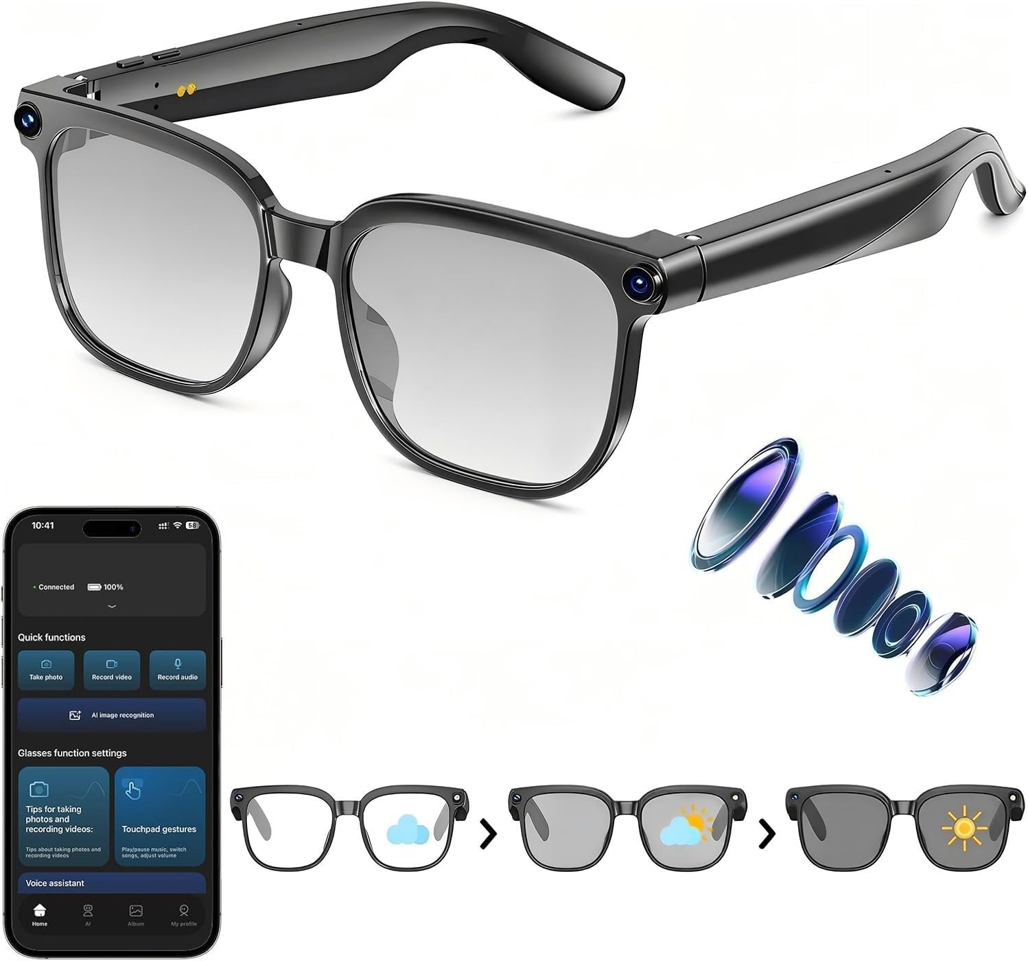 AI Smart Glasses with Camera,8MP Camera Glasses,1080P Anti-Shake Video Recording Glasses, Real Time Translation,AI Voice Assistant,Object Recognition,Bluetooth Sunglasses for Men Women (Photochromic)