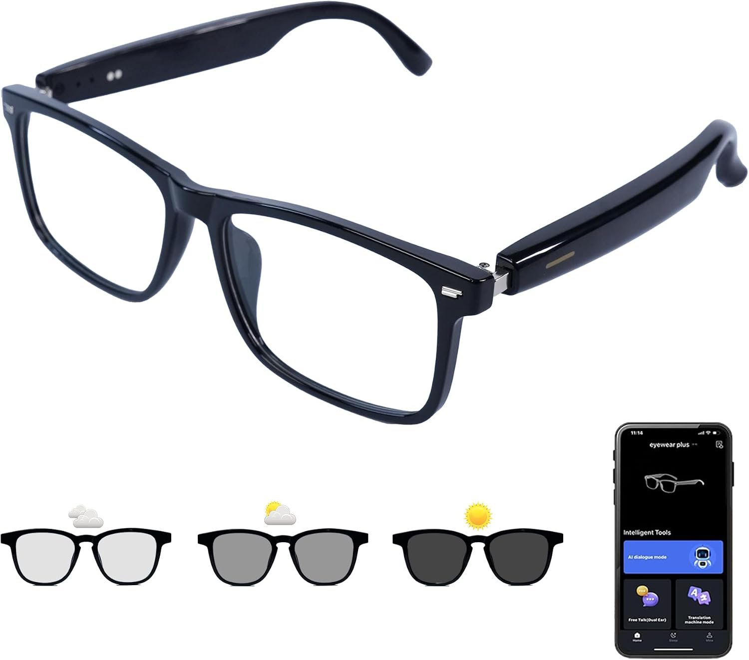 AI Smart Glasses, Anti Blue Light Bluetooth Translation Glasses with 164 Hands-Free Calls & Audio Multifunctional Smart Sunglasses for Men Women Travel Trade Business (KL07-Black-Color-Change-Lens)