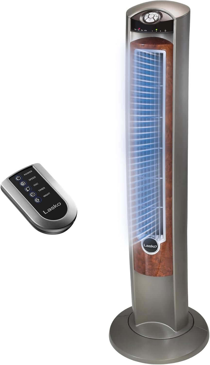 Lasko Oscillating Tower Fan with Remote – Quiet Standing Fan for Bedroom, Office, and Home – 3 Speeds – Powerful Cooling Air – T42954 – 42″ Tall – Gray/Woodgrain