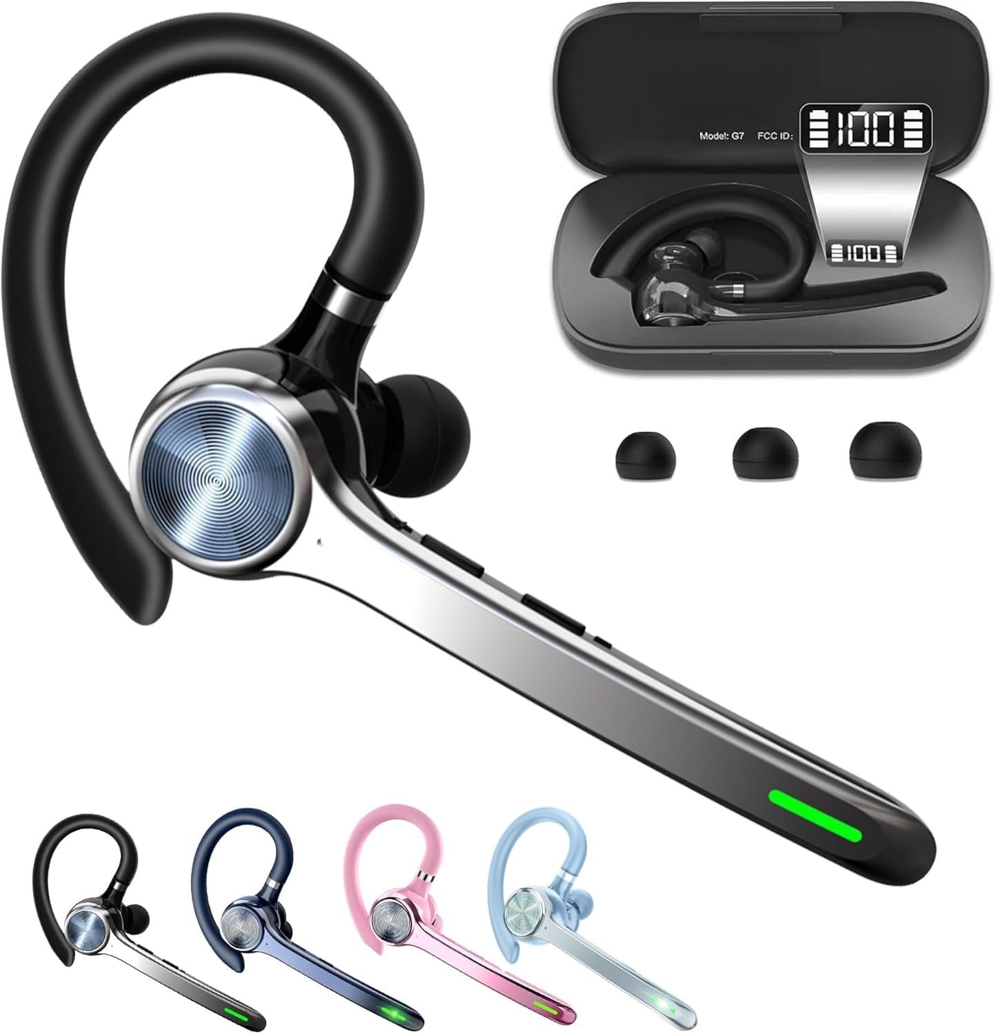 HEIBAS Bluetooth Headset, Wireless Earpiece with Mic for Work | 72H Playtime, 500mAh Charging Case, Hands-Free Calling with Mute Button for Work, Trucker, Office, Driving, iPhone, Black