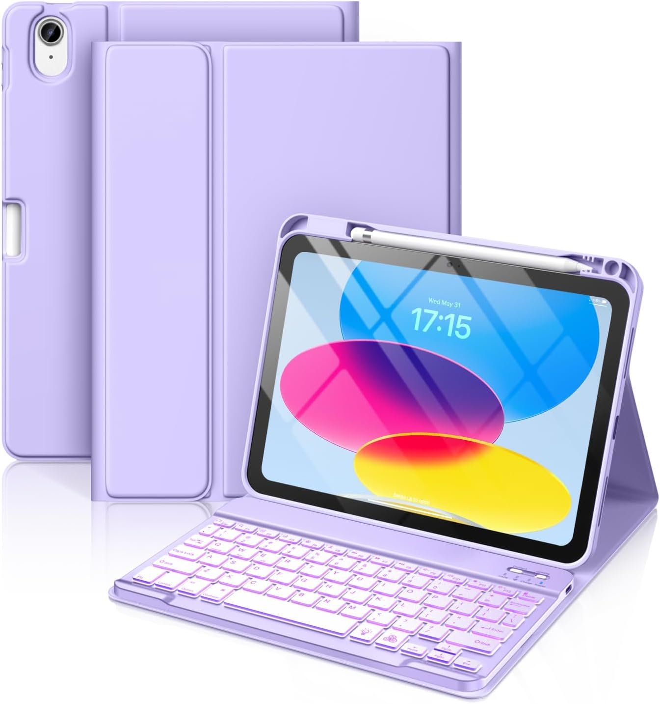 Hamile for iPad 11th 10th Generation Case with Keyboard – 7 Colors Backlit Wireless Detachable Folio Keyboard Cover with Pencil Holder for iPad 11-inch A16 2025 10th Gen 10.9 Inch 2022 (Purple)