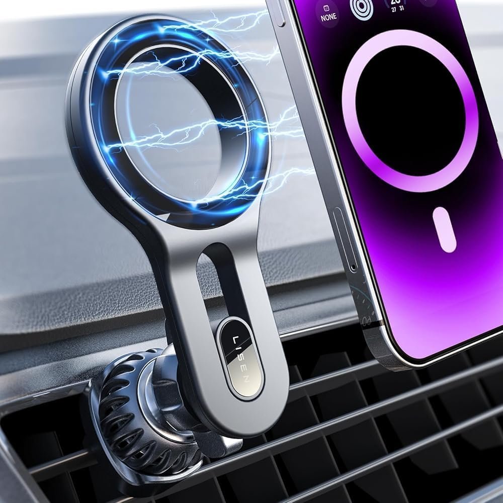 LISEN for MagSafe Car Mount, Magnetic Phone Holder for Car Vent Phone Mount, Air Vent Hands Free Phone Mount, Super Magnetic Phone Mount, Gifts Car Phone Holder Magnetic for iPhone 17 Pro Max 16 15 | Upgraded Strongest Magnet Power, Metal Hook Clip, 360 Rotation, Magnetic Ring, Car Mount for iPhone, Samsung Galaxy, Google