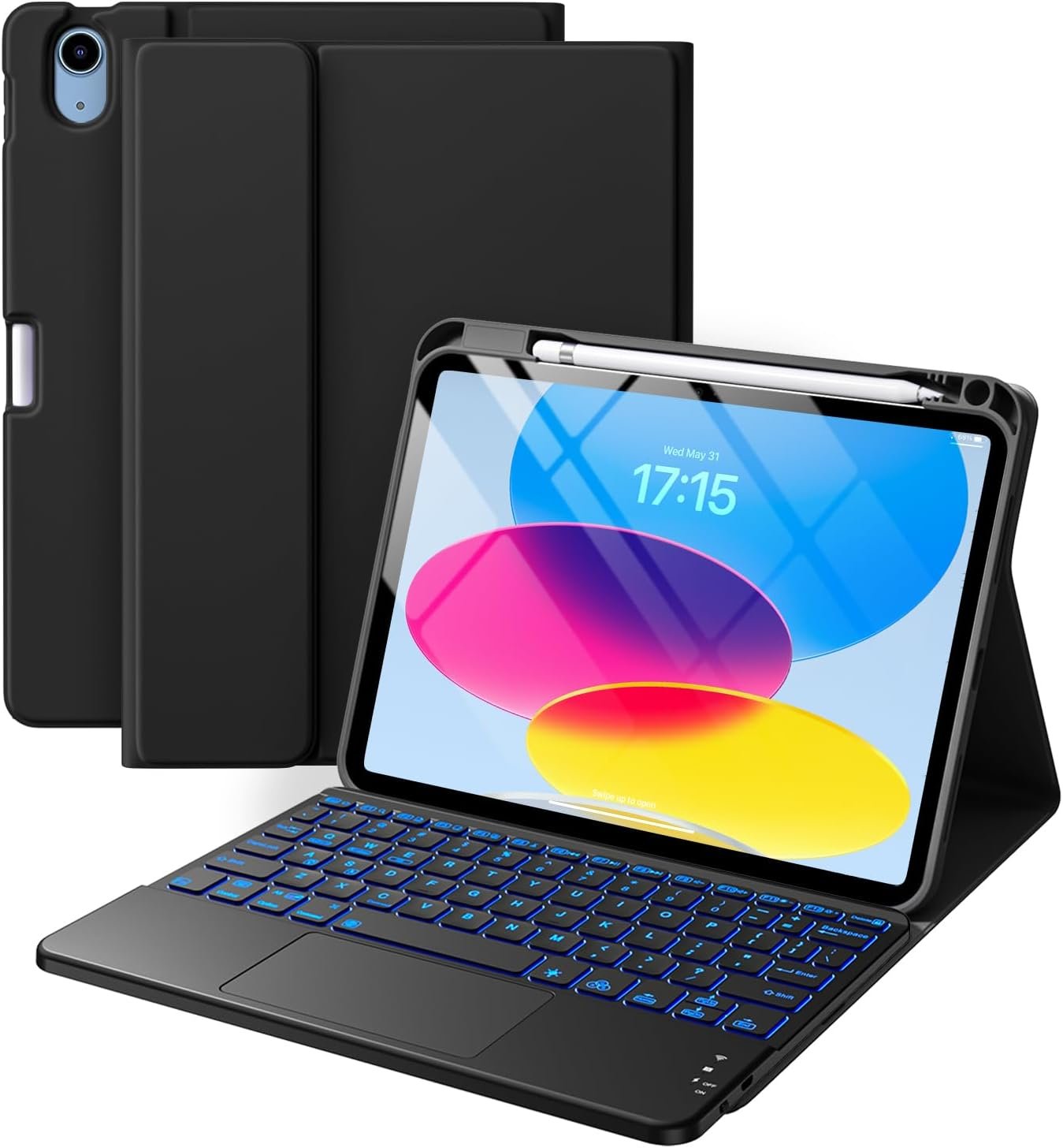 Harvopu for iPad A16 11th/10th Generation Case with Keyboard, Folio Cover | Multi-Touch Trackpad, 7 Colors Backlit, Detachable Keyboard for iPad A16 11 inch/10th Gen with Pencil Holder, Black