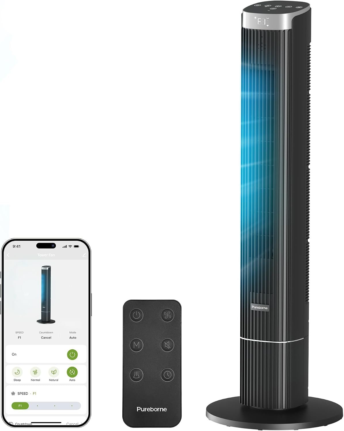 42” Tower Fan for Home Bedroom, WiFi, 25dB Ultra-Quiet, Black | Sleep Mode, 25ft/s Smart Standing Fans, 90° Oscillating Floor Fan, Works with WiFi Voice Control, 4 Speeds 4 Modes, 12H Timer